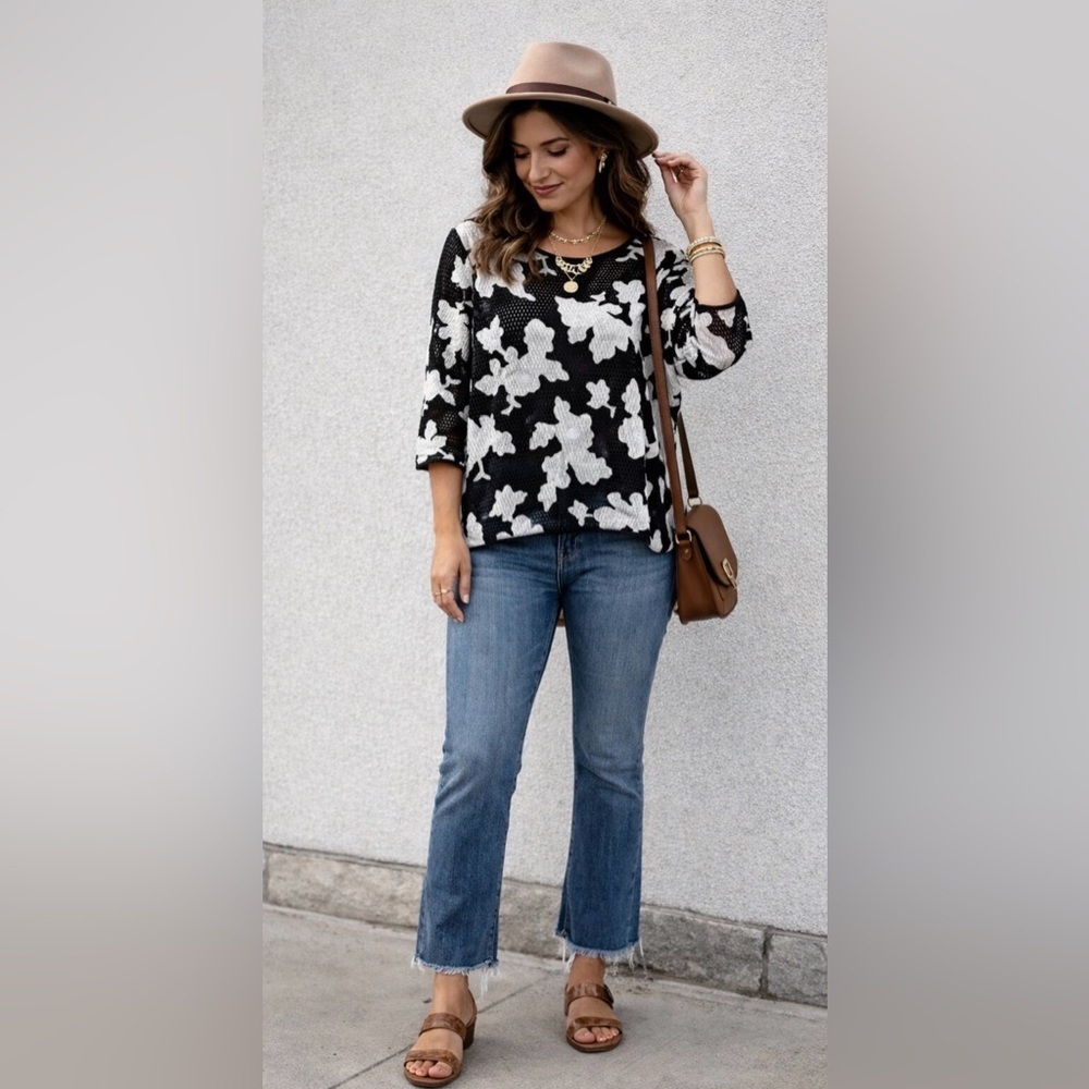 Caribbean Queen black mesh embroidered rose detailed top